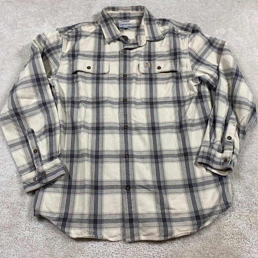 Carhartt Flannel Shirt Mens L Original Fit Plaid Button Down Cream Gray